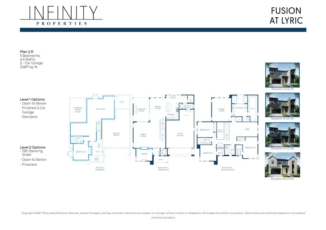 Fusion at Lyric Plan 2 R floor plans with finished basement, two upper levels, and exterior elevations.