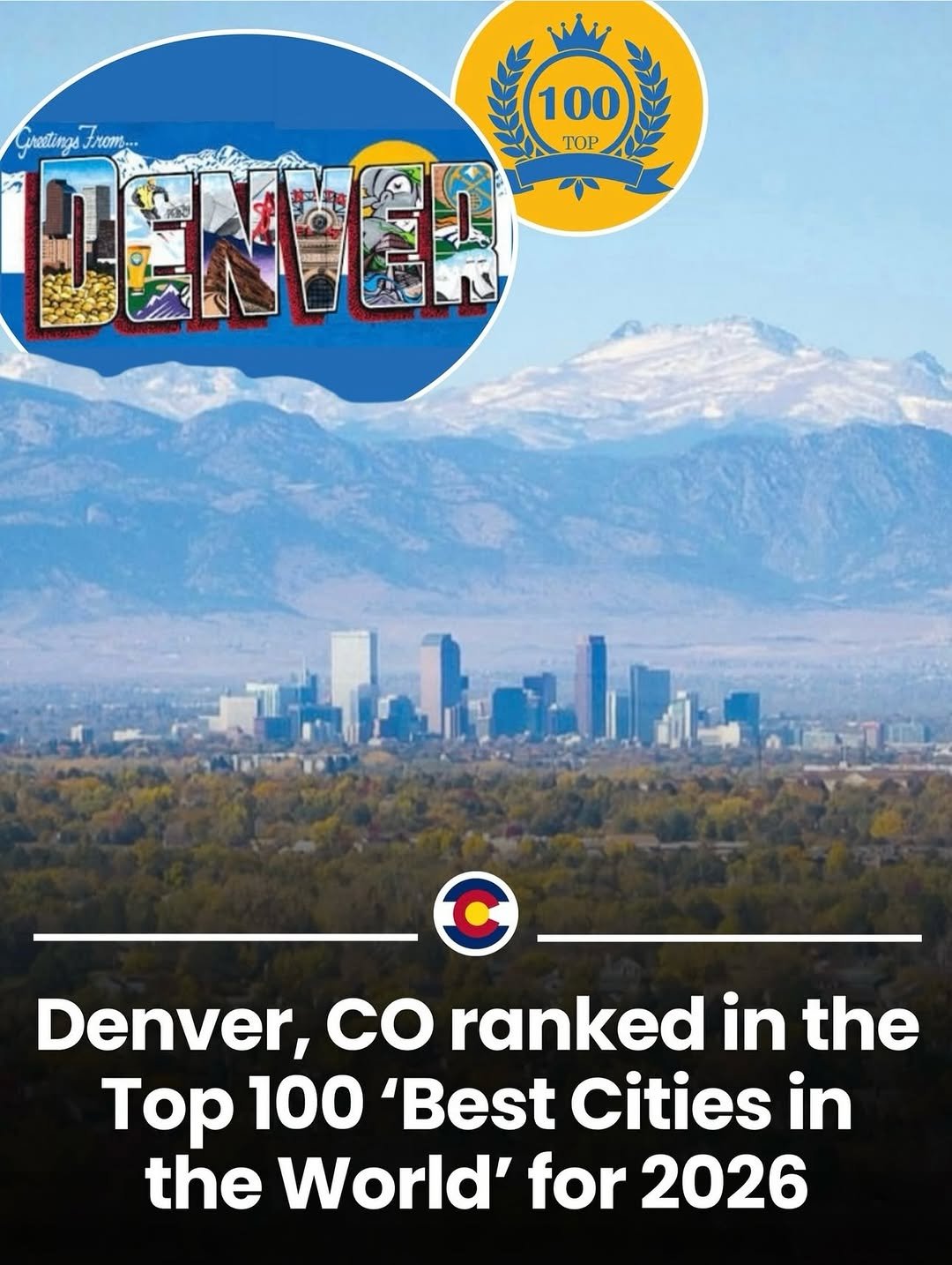 Celebratory graphic or photo of downtown Denver, Colorado, highlighting its ranking as one of the Top 100 Best Cities in the World for 2026.