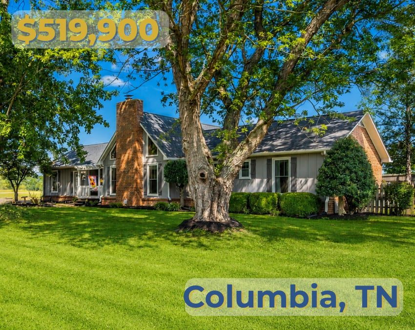 Ranch-style home with brick chimneys and a large shade tree on a broad green lawn.