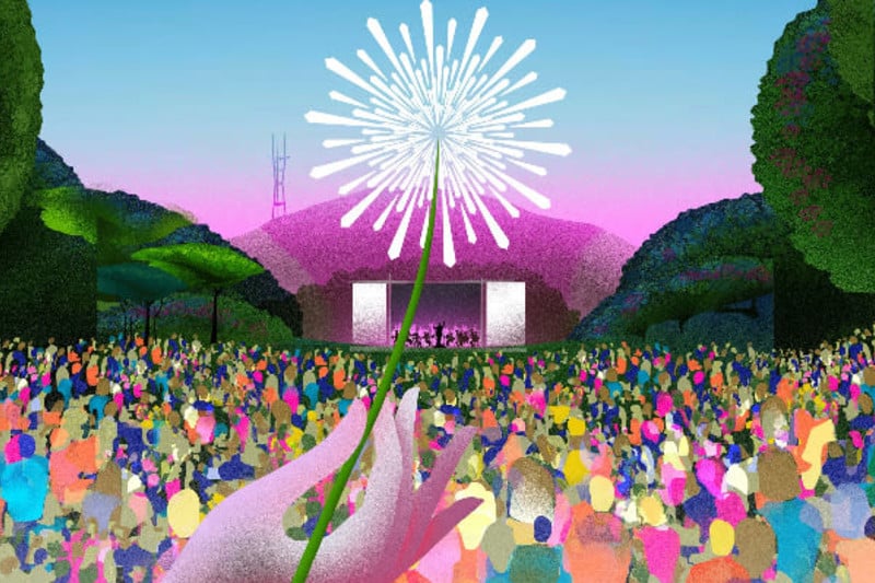 Colorful illustrated crowd at an outdoor concert in Golden Gate Park, with Sutro Tower and hillside visible behind the stage, a firework-like white bloom overhead, and a hand in the foreground holding up a flower toward the stage