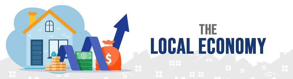 Illustration of a house, money, and rising chart beside the words “The Local Economy.”