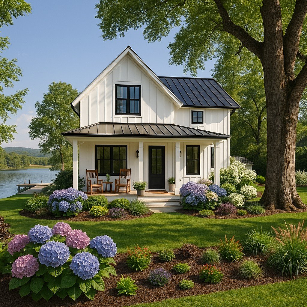 White farmhouse with a black metal roof and hydrangea garden beside a lake.