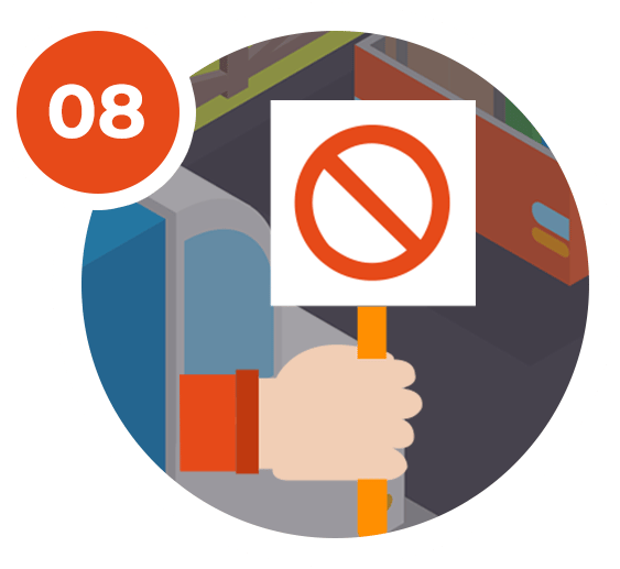 Hand holding a placard with a prohibition symbol, numbered 08.