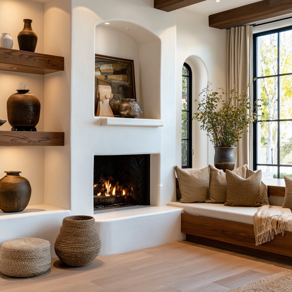 Living room with a white fireplace, built-in shelves, and a cushioned window seat beside tall windows.