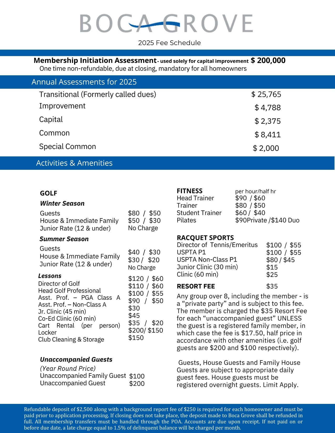Boca Grove Dues and Fees