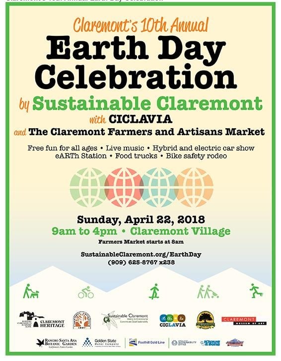 Poster for Claremont’s 10th Annual Earth Day Celebration, with event details and activity icons.