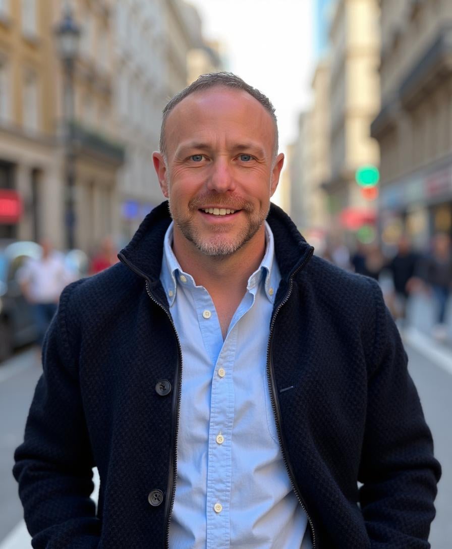 Tim Lewis, smiling in a dark coat on a city street.