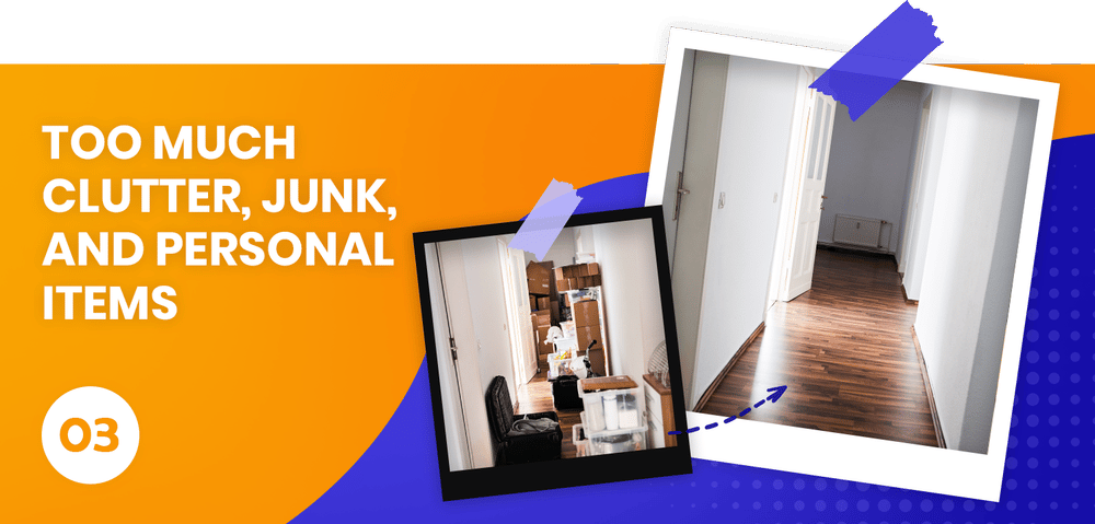 Listing photo tip 03: a cluttered room contrasted with a clean, empty hallway.