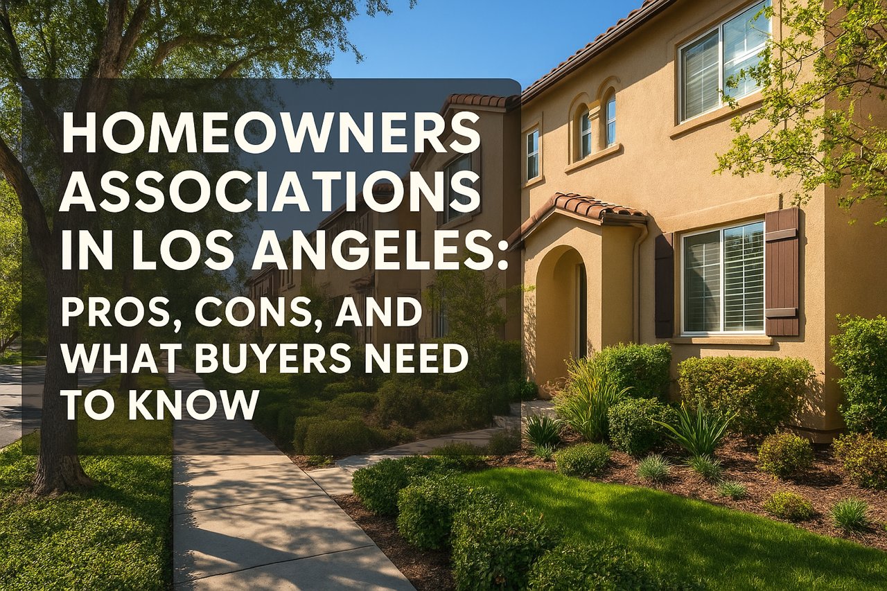 Photo of a row of condo buildings with lawns, hedges and a sidewalk in front showing text stating - Homeowners Associations in Los Angeles: Pros, Cons, and what buyers need to know