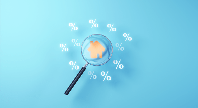 A 3D render of a magnifying glass over a house price and sale percentage concept on a blue background.