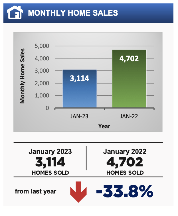 Monthly home sales chart shows 3,114 homes sold in January 2023, down 33.8% from January 2022.