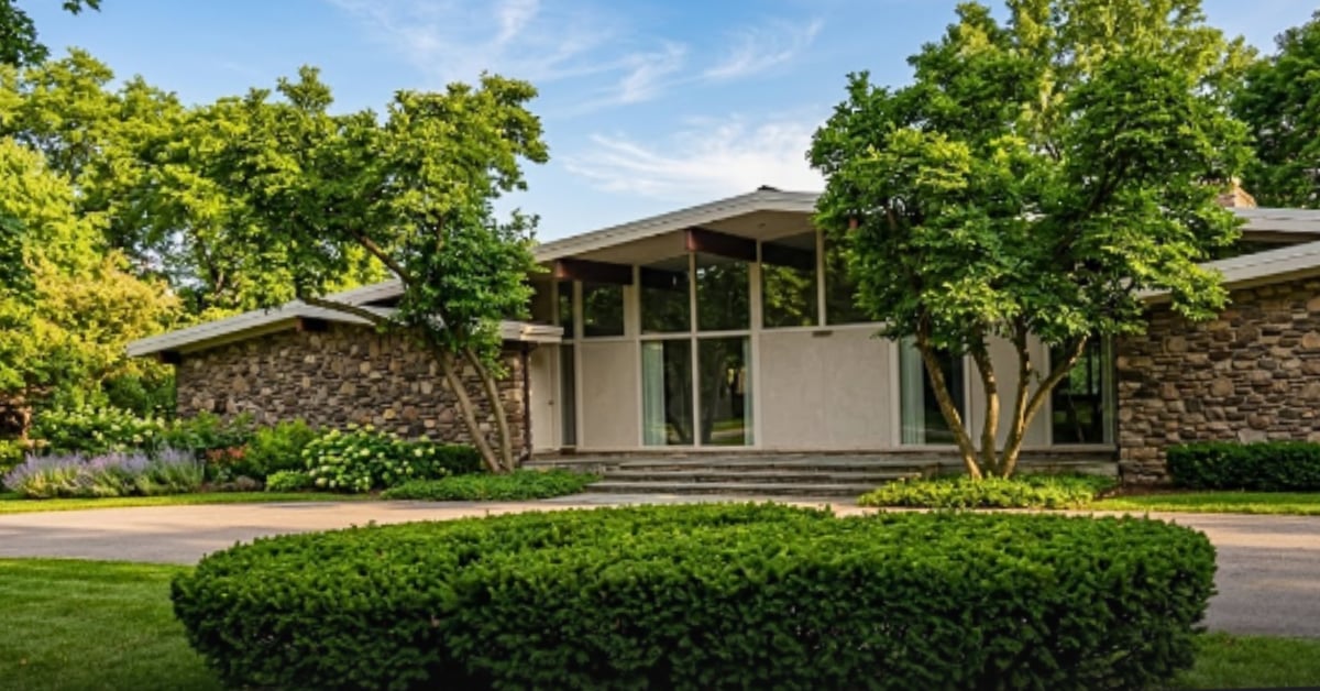 Orchard Brook subdivision clubhouse with stone exterior and floor-to-ceiling windows in Downers Grove IL