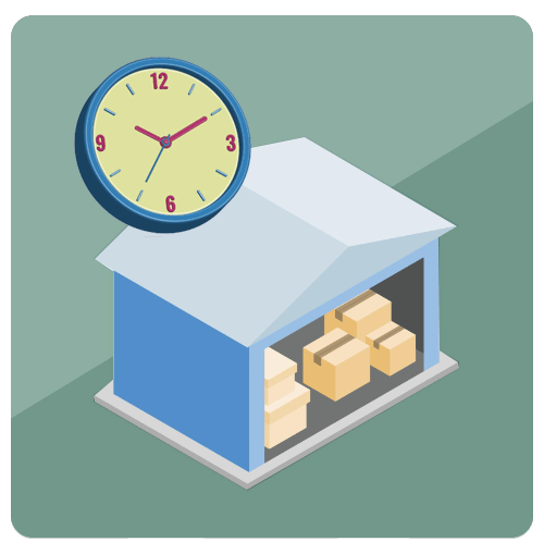 Storage unit filled with boxes beside a clock.