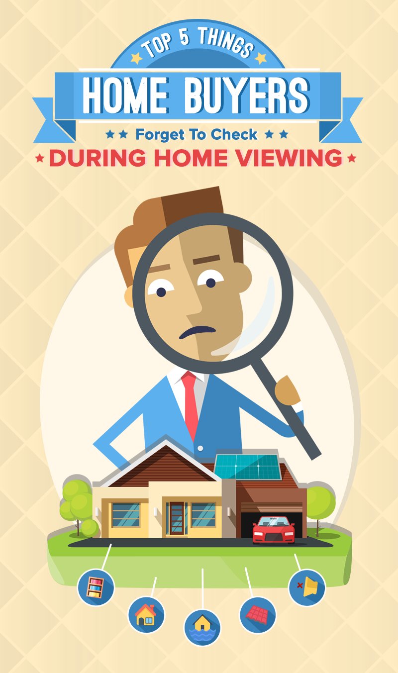 Infographic about five things home buyers forget to check during a home viewing, illustrated with a buyer inspecting a house.