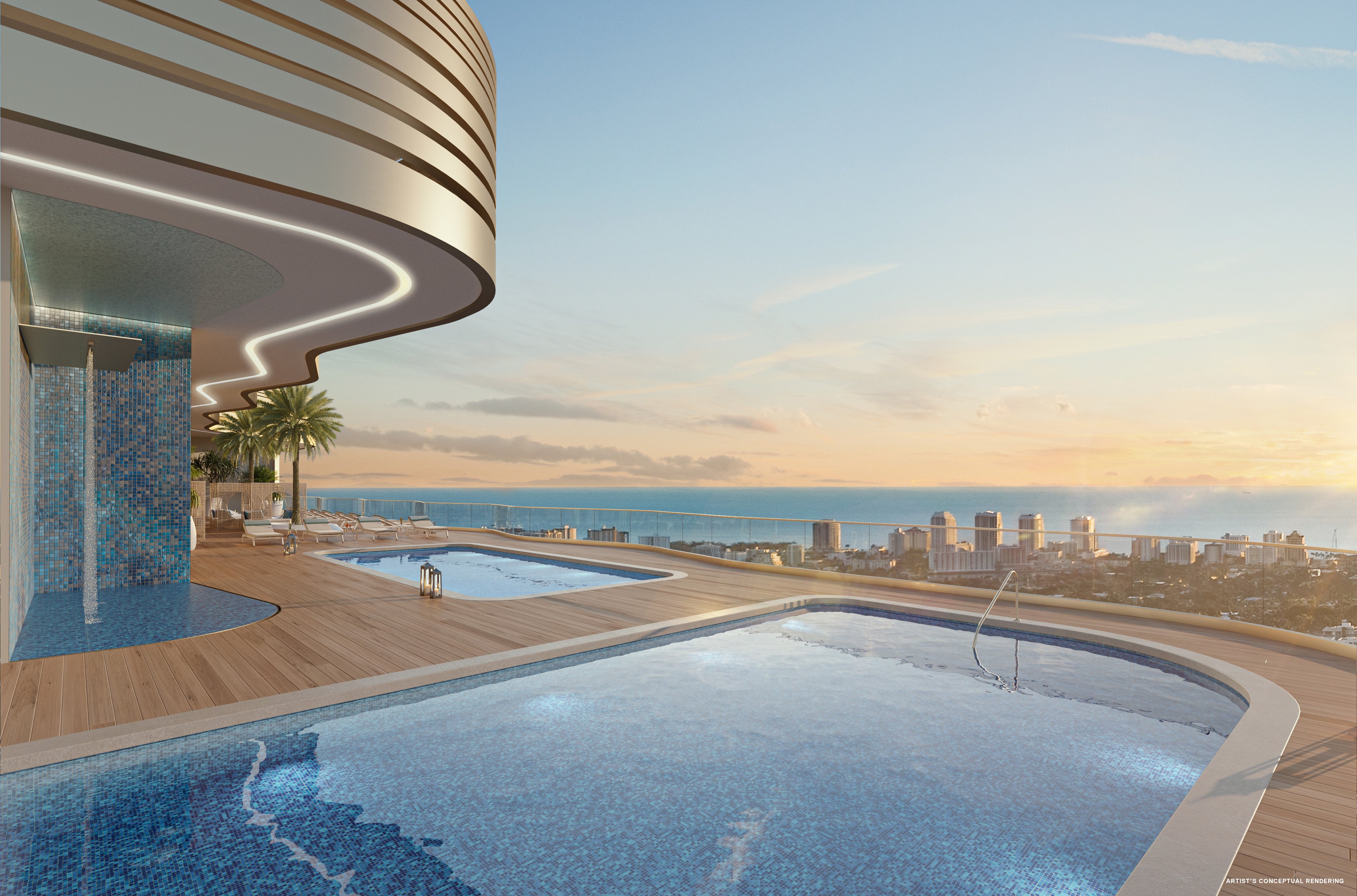 Rendering of the Andare rooftop pool deck with the curved tower facade and Fort Lauderdale skyline at sunset