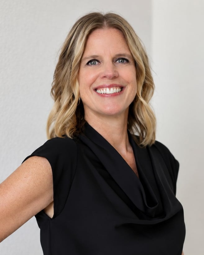 Melissa Powell smiling in a black sleeveless blouse.