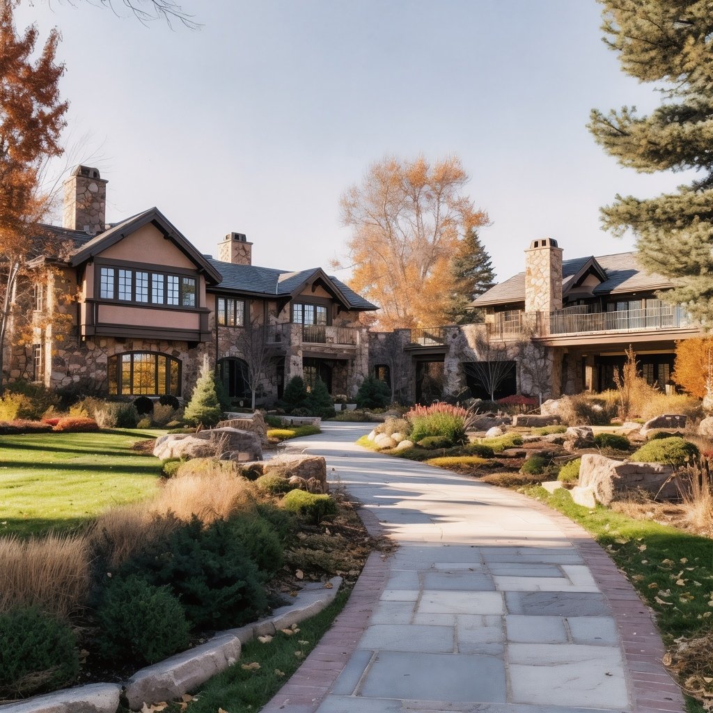 Large stone-and-stucco home behind a landscaped garden and curving paved walkway.