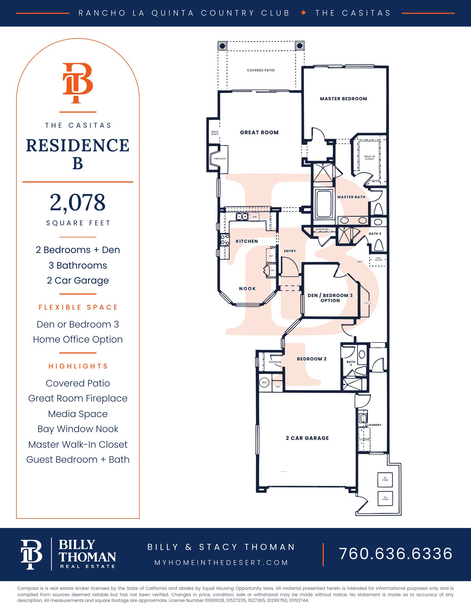 Rancho La Quinta Country Club Casitas Residence B floor plan, 2 bedroom plus den 3 bath 2,078 sq ft single story home with bay window nook