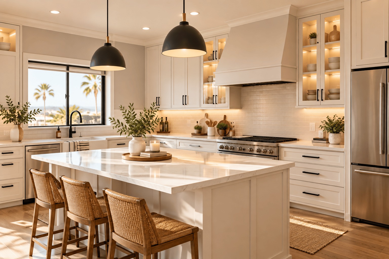 Bright white kitchen with a marble island, woven stools, pendant lights and palm trees visible through the window.