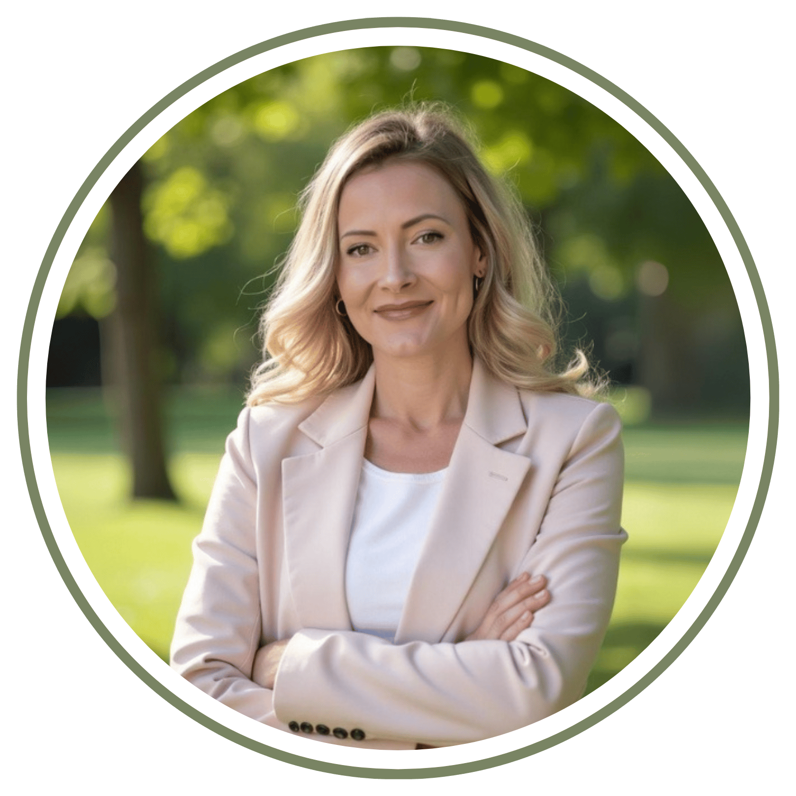 Rachel, a blonde real estate agent in a pale blazer, stands with her arms crossed.