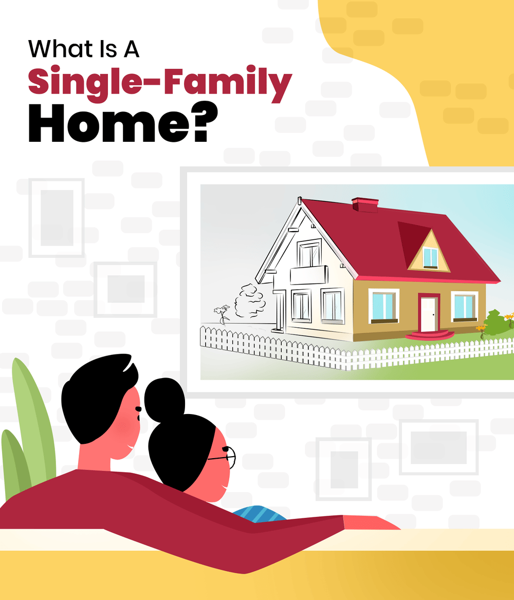 Two people look at an illustrated detached home beneath the title “What Is A Single-Family Home?”