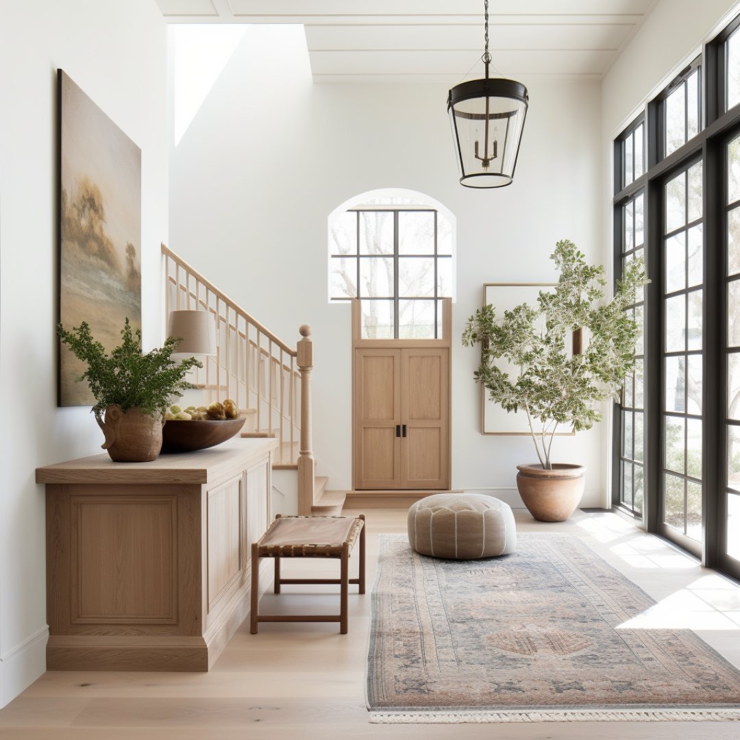 Bright entryway with a staircase, arched window, light wood doors, and black-framed glass doors.
