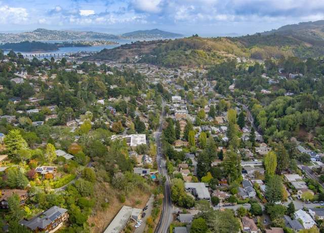 Over head shot of Marin county with the bay in the background. 