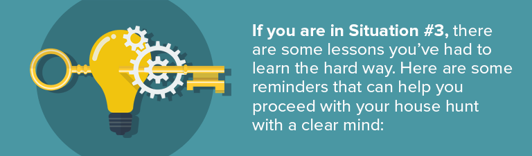 Buyer tips for proceeding with a house hunt after Situation #3, illustrated with a lightbulb, gears and keys.