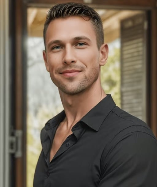 Man in a black collared shirt standing by a glass-paneled doorway.