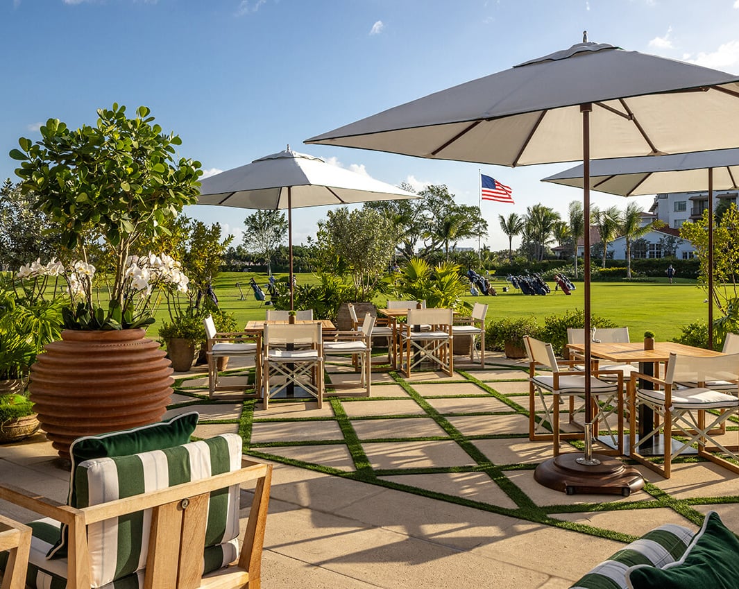 Shell Bay clubhouse dining terrace rendering in Hallandale Beach.