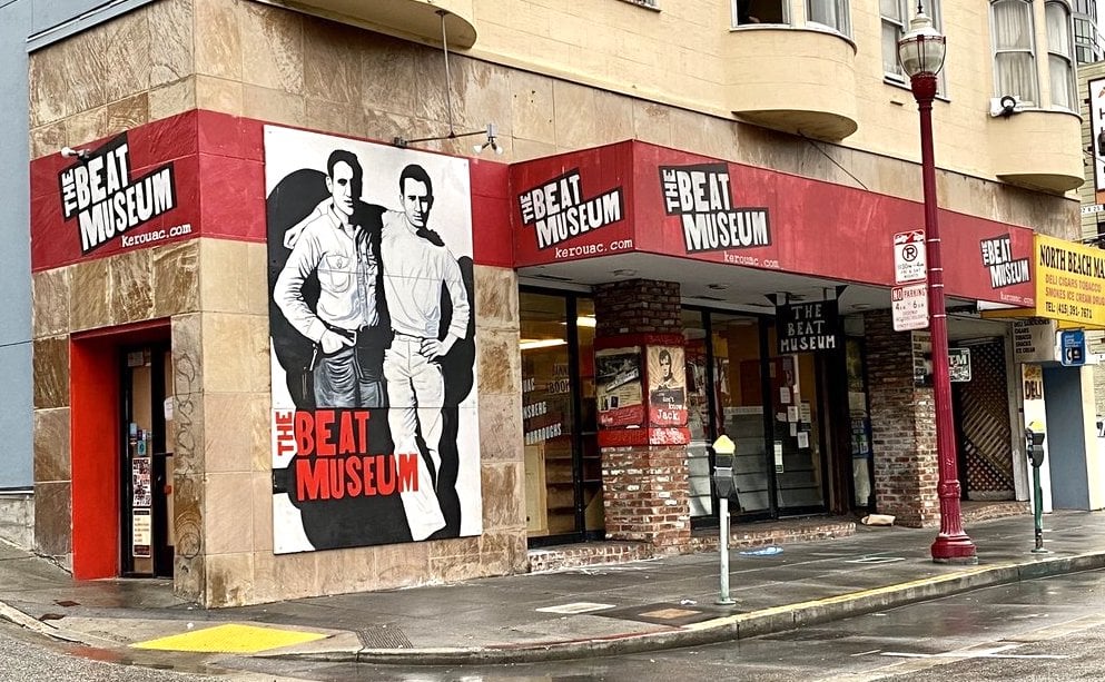 Entrance to The Beat Museum in North Beach, San Francisco, showcasing memorabilia of the Beat Generation.