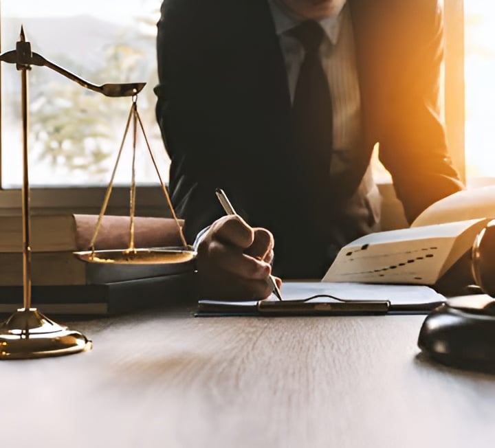 An attorney writes at a desk beside a brass balance scale and legal documents.