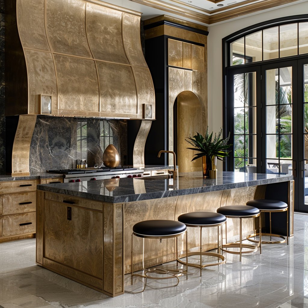 Luxury kitchen with a marble island, four black stools, gold-toned cabinetry, and tall glass doors.