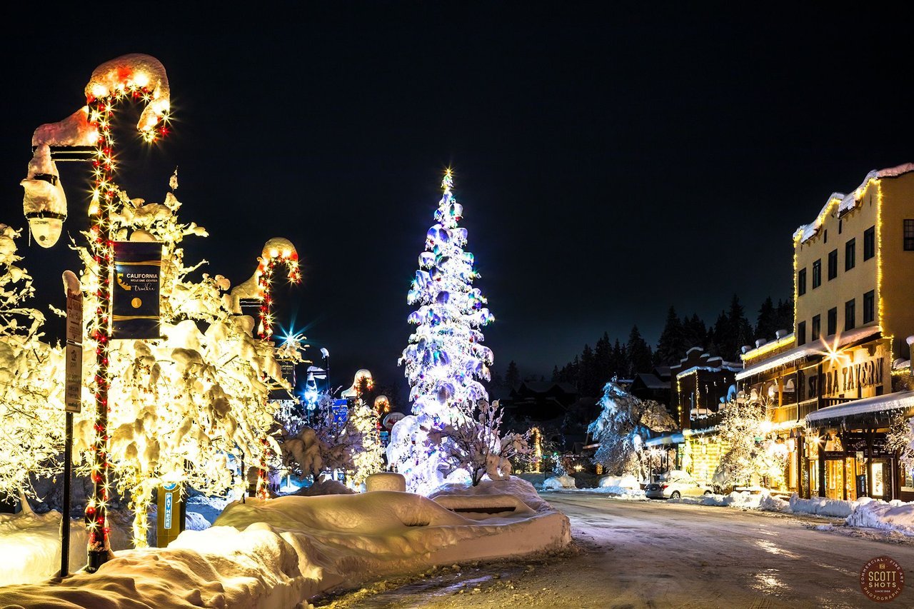 Downtown Truckee decorated with holiday lights during winter events