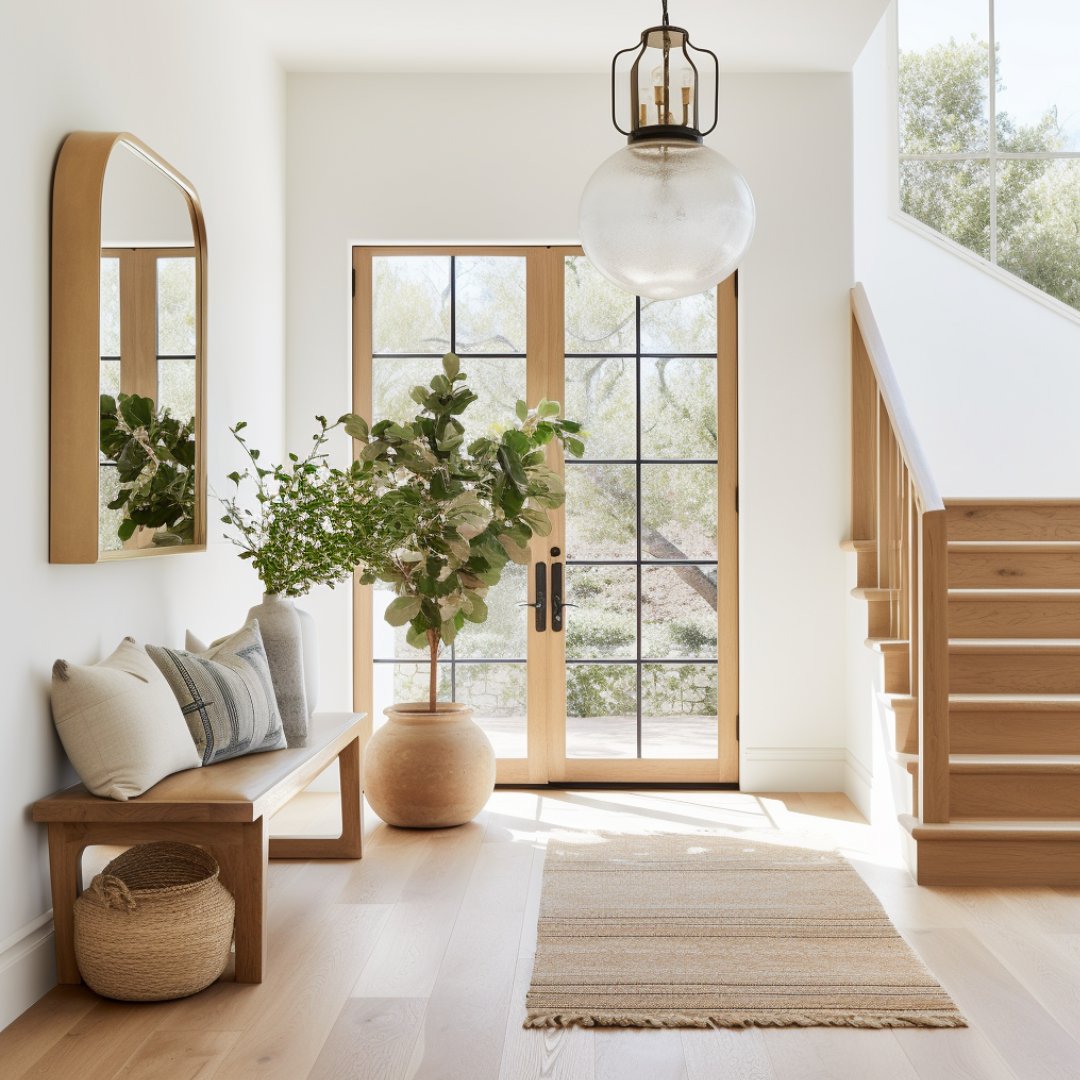 Bright entryway with a glass-paneled wood front door, staircase, and bench beneath a wood-framed mirror.