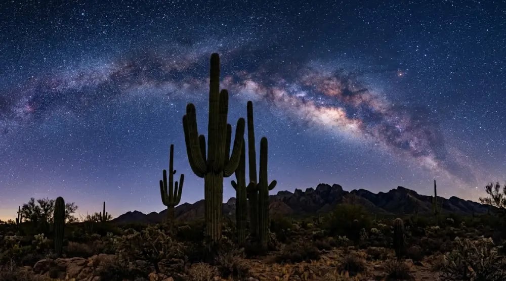 Wide-angle landscape photograph, Tortolita Mountains Arizona at night, Sonoran Desert in the foreground with tall saguaro cacti silhouetted against a deep indigo sky
