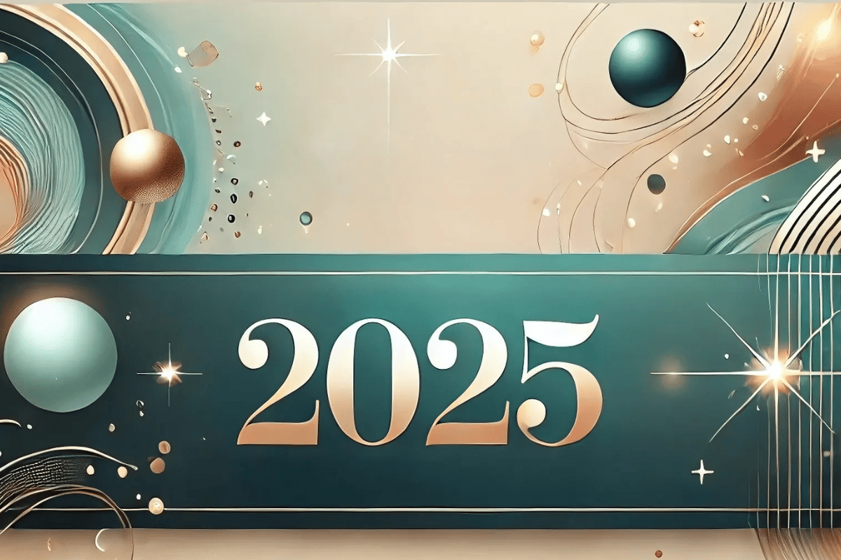 Elegant 2025 New Year banner with aquamarine and gold accents, featuring modern abstract patterns and festive sparkles.