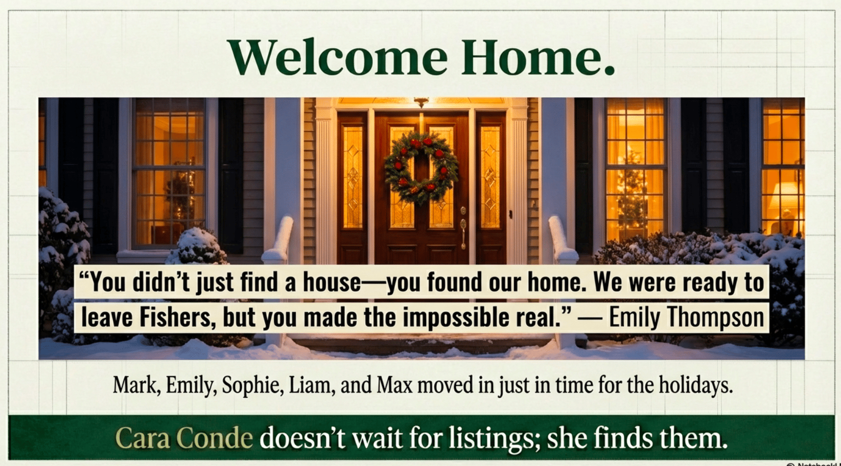 Welcome Home graphic: Snowy holiday front porch of luxury brick colonial in Fishers Indiana, wreath and warm lights, client quote 'You didn&rsquo;t just find a house&mdash;you found our home', Cara Conde luxury real estate success story