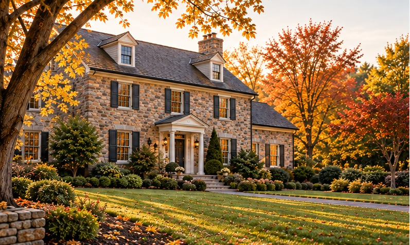 Historic stone home with manicured lawn and autumn foliage in Bucks County Pennsylvania, representing an inherited estate property.