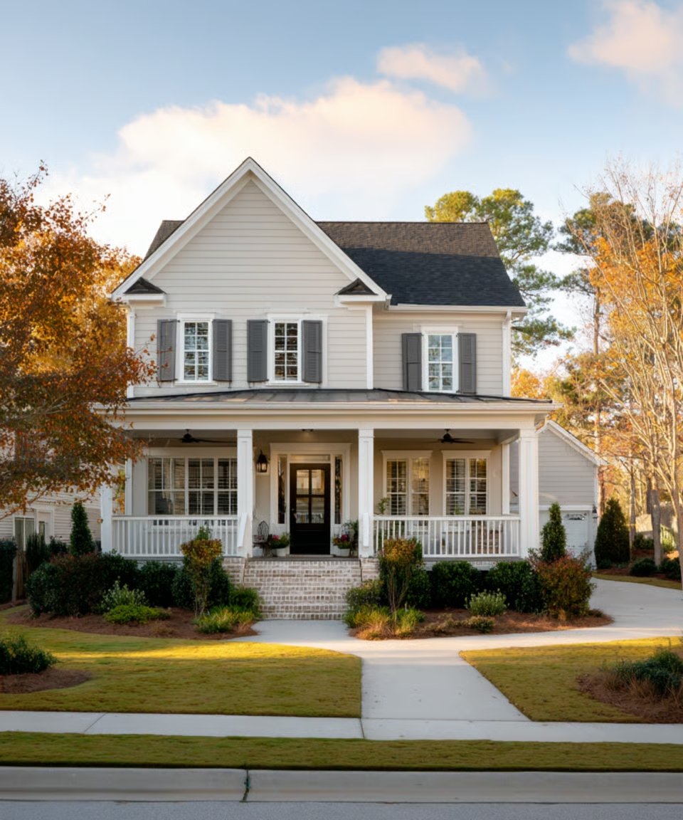 Two-story home with a covered front porch and landscaped lawn