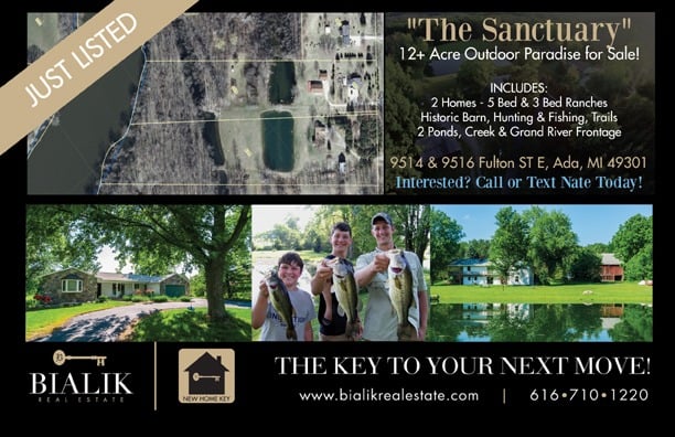 The Sanctuary property listing flyer for two homes and 12-plus acres in Ada, Michigan.