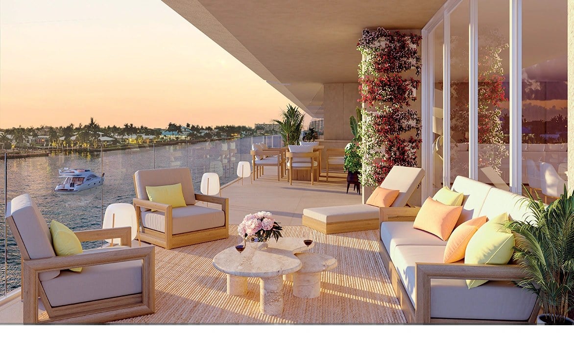 Rendering of waterfront terrace at Entourage in the Sun in Pompano Beach.