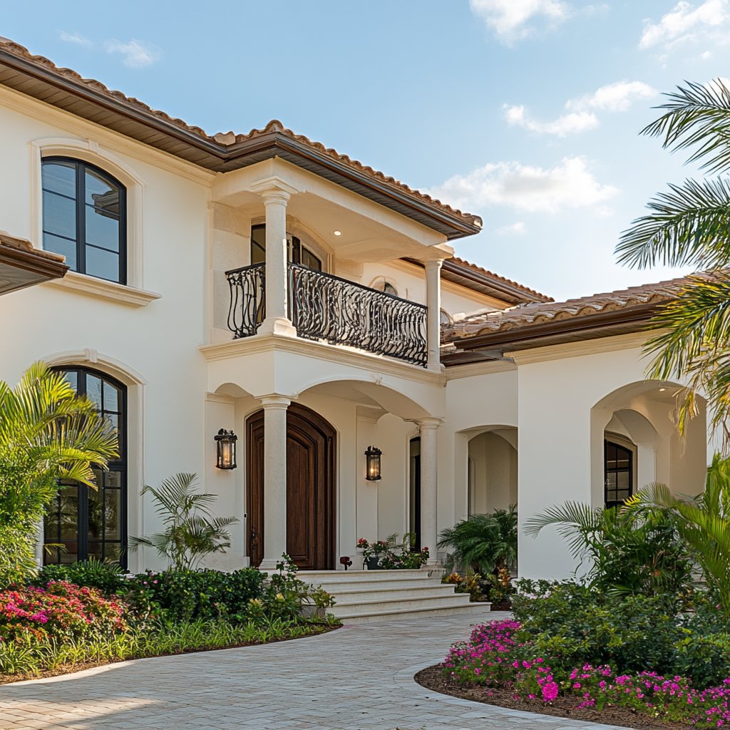 Two-story white stucco home with a wrought-iron balcony, arched windows, and landscaped front garden.
