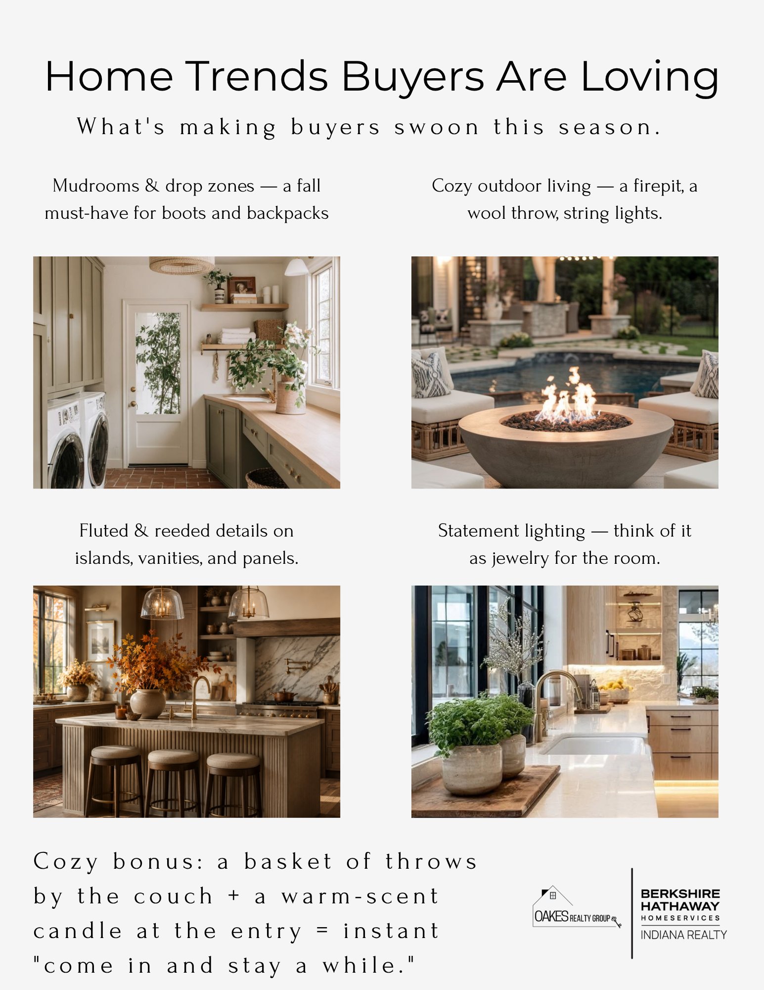 Home trends infographic featuring a mudroom, outdoor fire pit, fluted kitchen island, and bright kitchen.