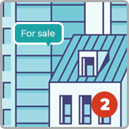 For-sale house icon with a red number 2 badge.