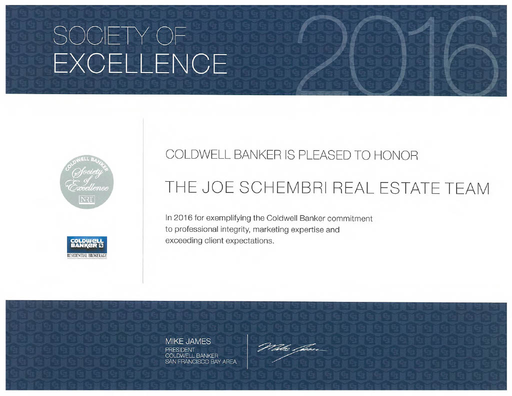 The certificate is predominantly white with a large blue banner at the top displaying "SOCIETY OF EXCELLENCE" on the left and the year "2016" on the right.