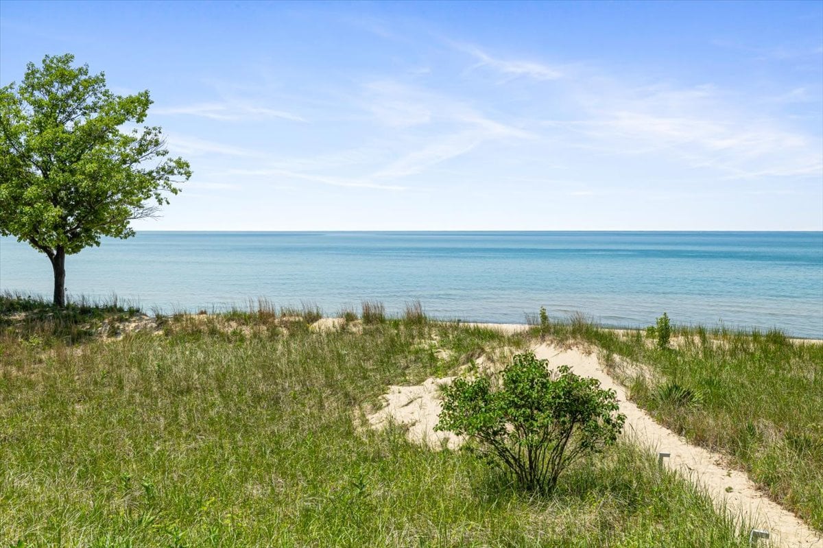 Sandy path through dune grass leads to calm blue water, with a leafy tree along the shore.