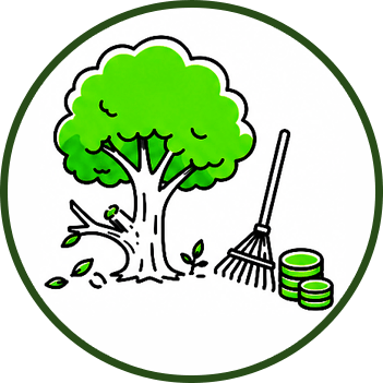 Leafy tree, garden rake, and stacked coins representing landscaping costs.