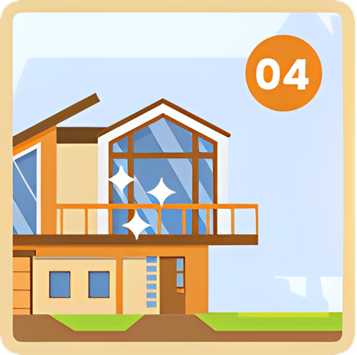 Illustration of a modern house marked 04, representing the fourth home-selling strategy.