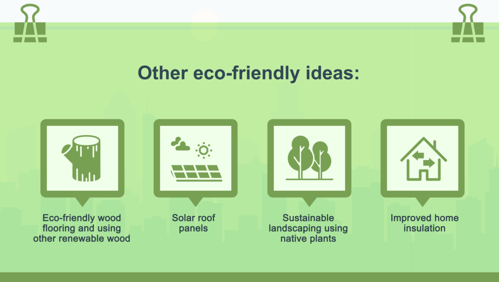 Infographic of eco-friendly home ideas: renewable wood flooring, solar panels, native plants, and improved insulation.